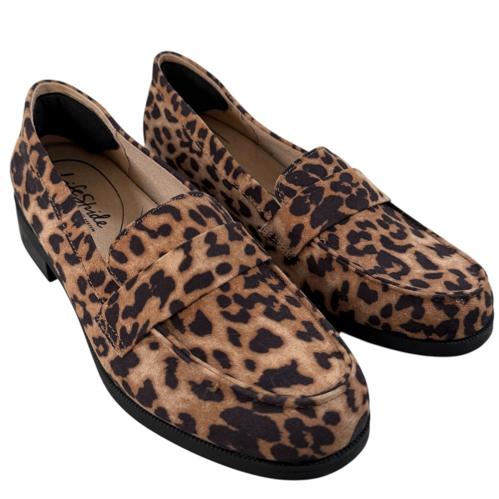 LifeStride Sonoma 2 Leopard Print Penny Loafers Womens 7.5W Brown Black Fabric